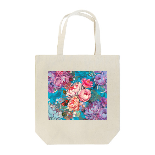 薔薇、芍薬、牡丹のボタニカルブーケと螺鈿模様の壁紙イラスト Tote Bag