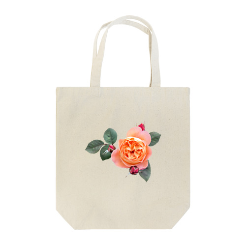 【ロマン】蕾と葉のついたオレンジピンクの薔薇 トートバッグ