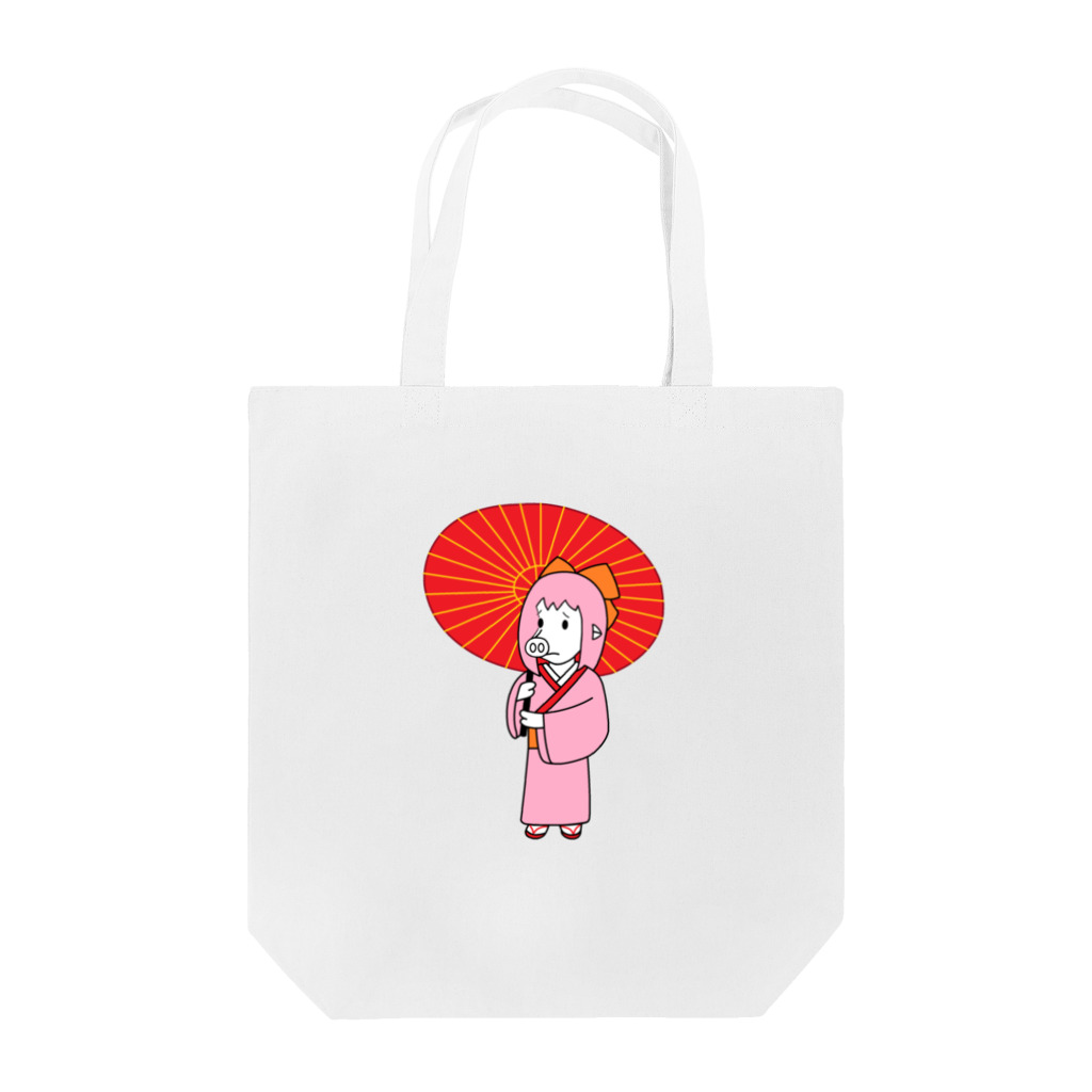豚人イラストのパンダ武島のお豚（とん）さん、和傘をさす。 トートバッグ