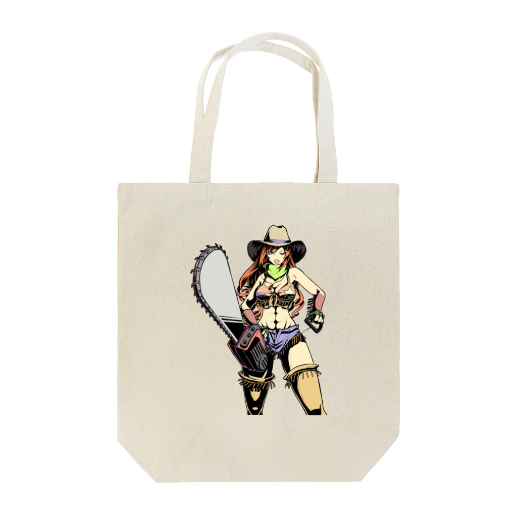 illust_designs_labのアメリカンコミック（アメコミ）風 セクシーなチェーンソーを持ったカウガール Tote Bag