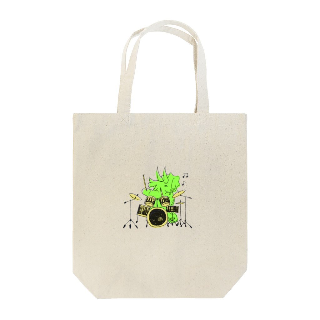 白亜画廊 SUZURI店の【DINOBAND】ドラムをたたくトリケラトプス Tote Bag