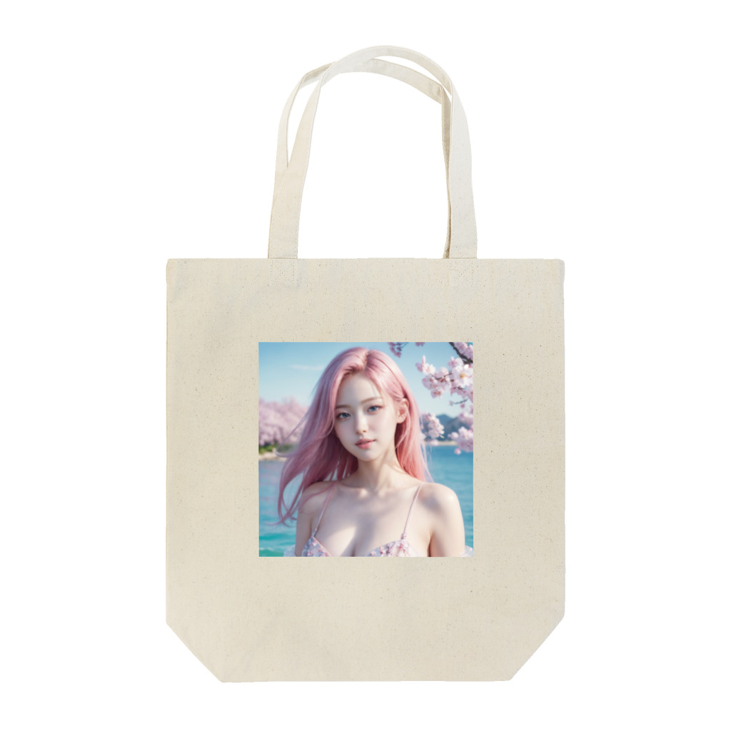 AI goddessの桜と川と青空と、ピンクの髪の女の子 Tote Bag