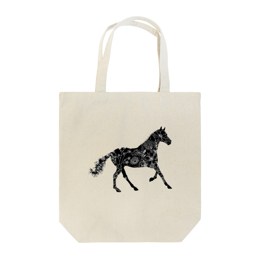 horse-lvのブラックホース花柄白抜き Tote Bag