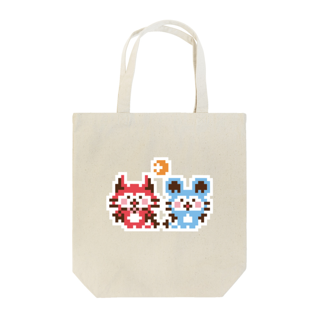 ミニマムユニヴァース@SUZURIのデビねこくんとデビねずちゃんと月のドット絵トートバッグ Tote Bag