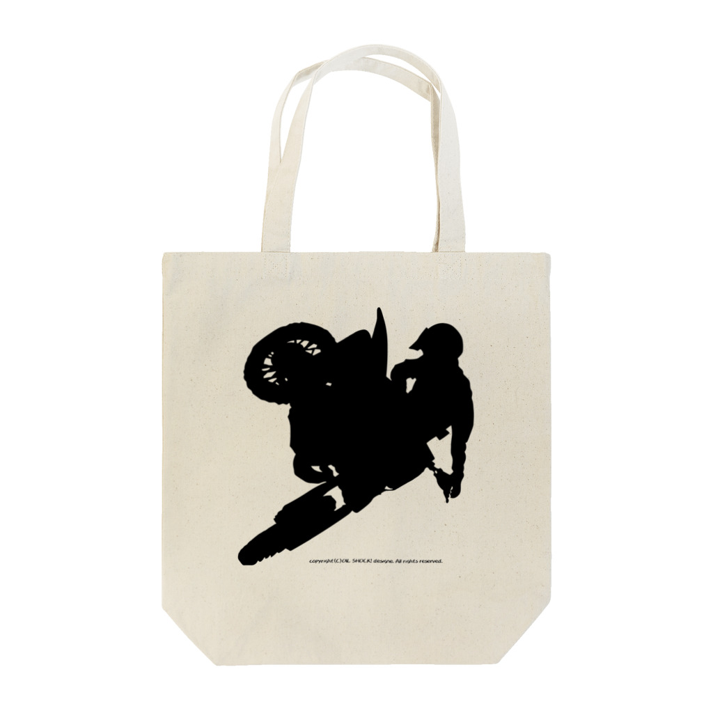 ファンシーTシャツ屋のオフロードバイクでエアーを決めるシルエット Tote Bag