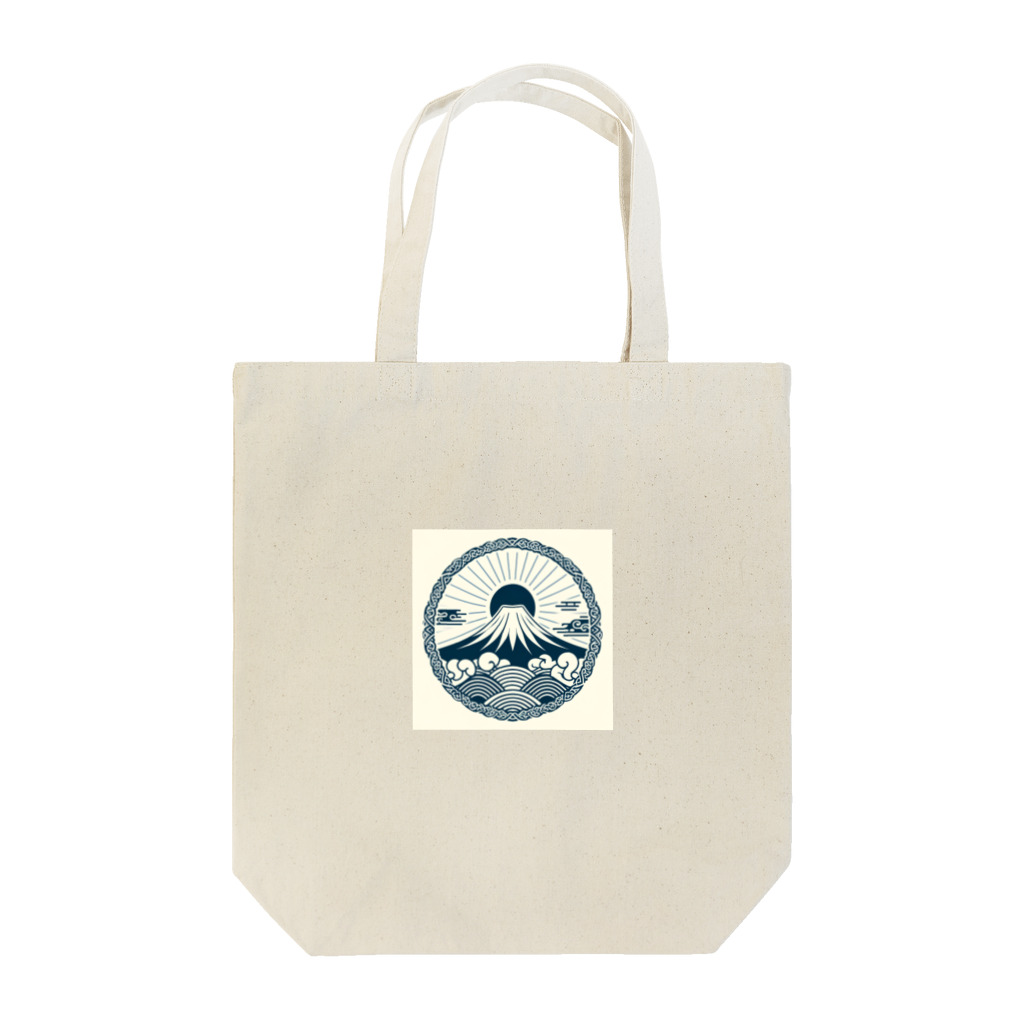 Cool Japanese CultureのMinimalist Traditional Japanese Motif Featuring Mount Fuji and Seigaiha Patterns Tote Bag