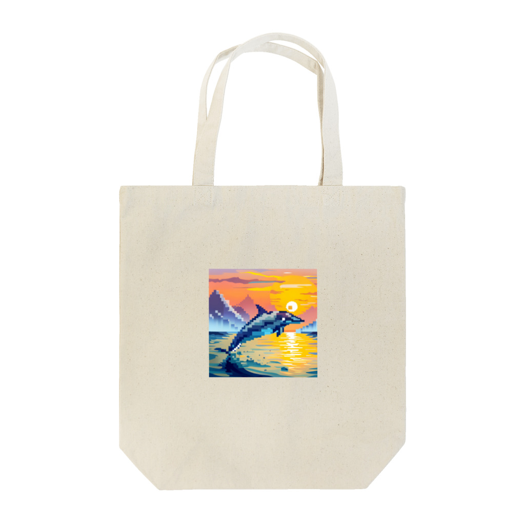 フリーダムの夕暮れの海で跳ねるイルカ　ピクセルアート Tote Bag