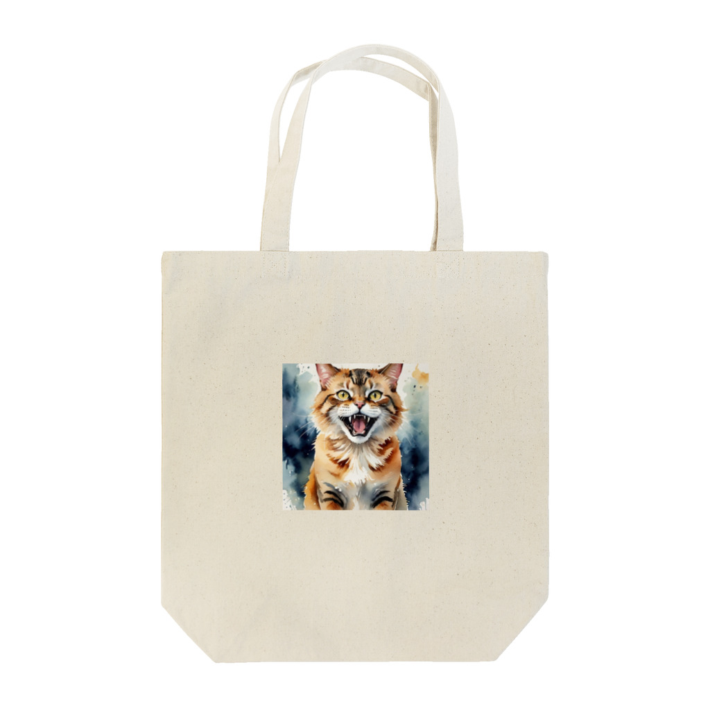おさけふざけ＠アル中戦隊の怒った猫の表情が鮮やかに描かれた水彩画 トートバッグ
