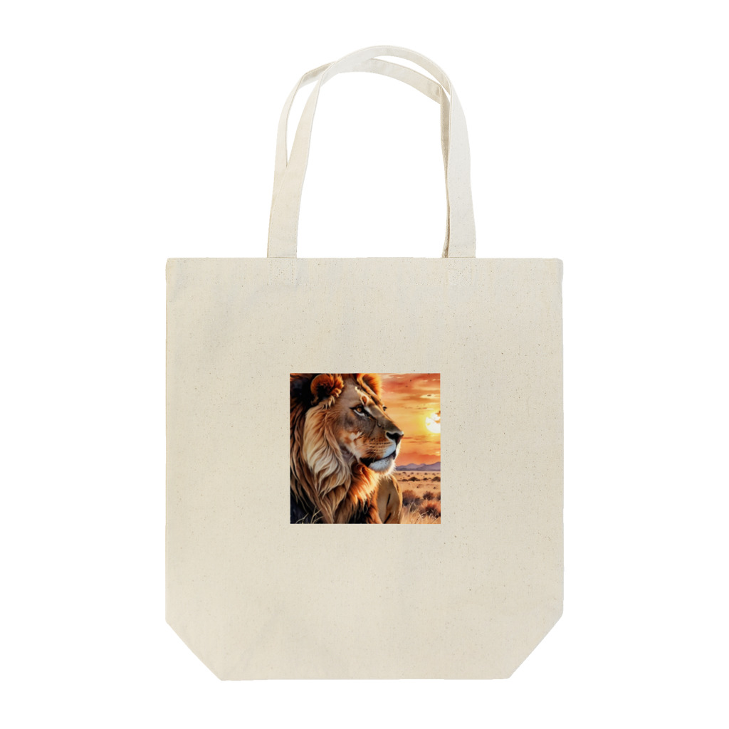 nigihayahiの夕日を背景に威厳あるライオンの姿。 Tote Bag