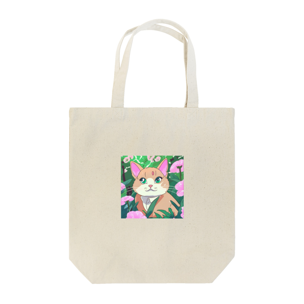 キュート＆クールのアニメ調・花畑の猫 Tote Bag