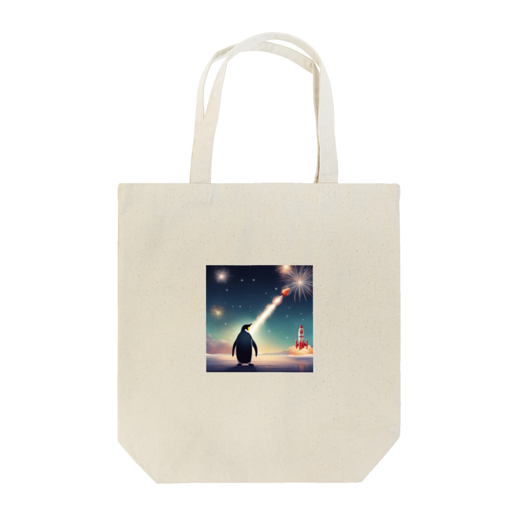 zumimityのロケット花火を見上げているペンギン Tote Bag