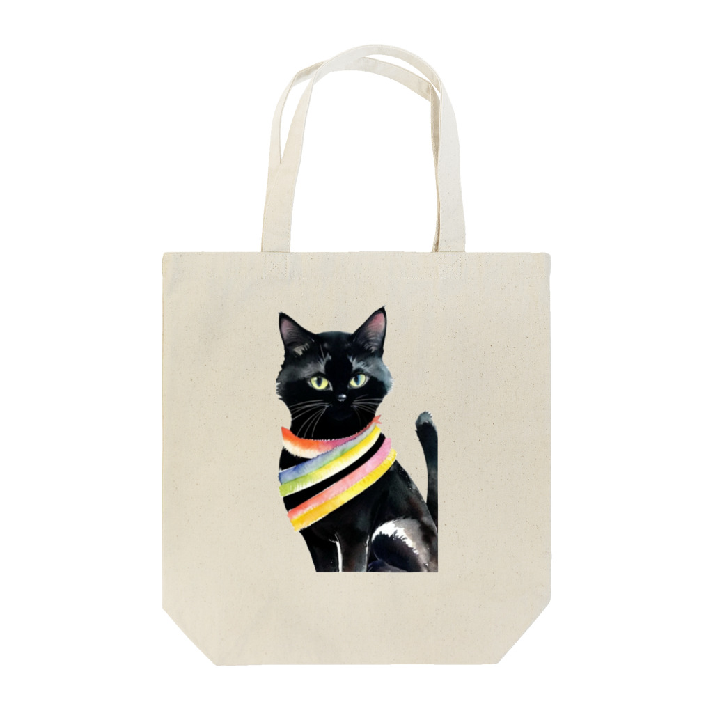 幸運のしっぽの黒猫と虹の首輪 Tote Bag