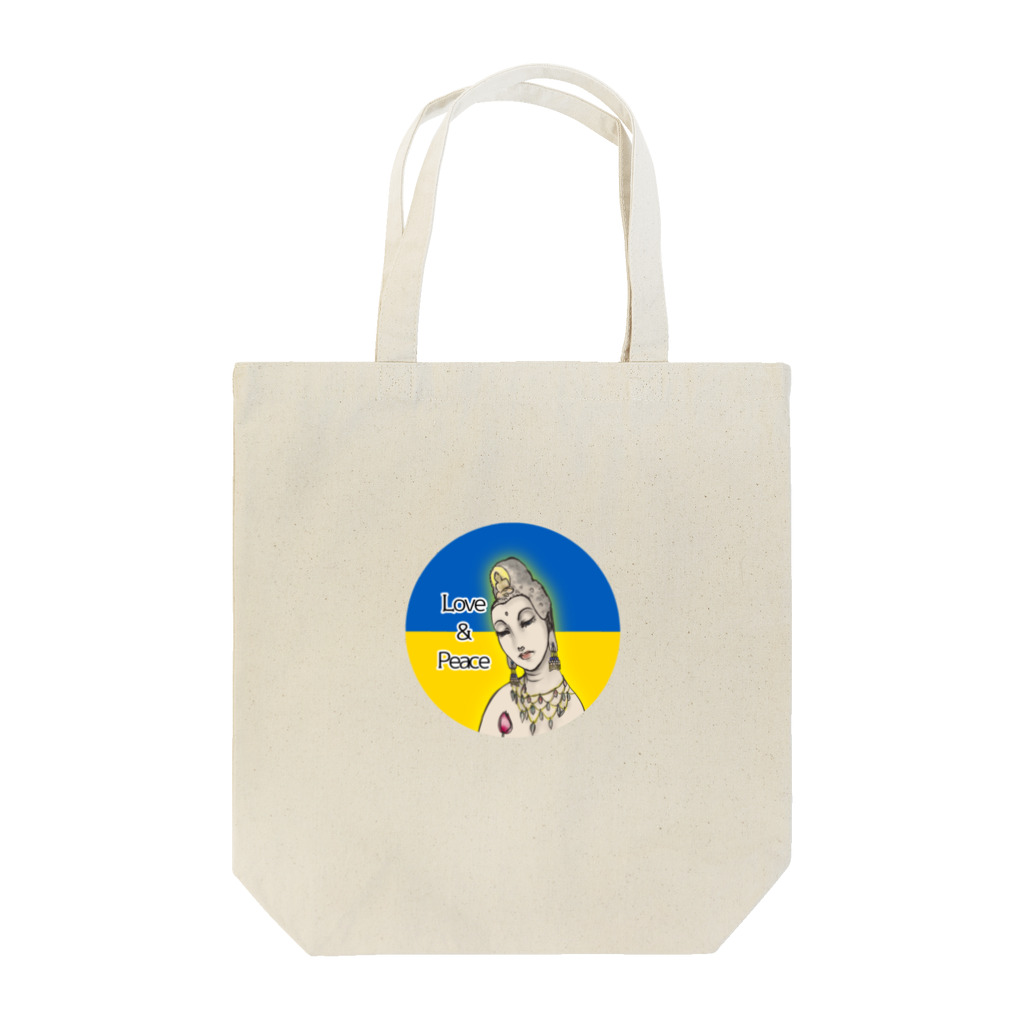 諭苑のSUZURI店のLove＆Peace観世音菩薩ウクライナ国旗背景 Tote Bag