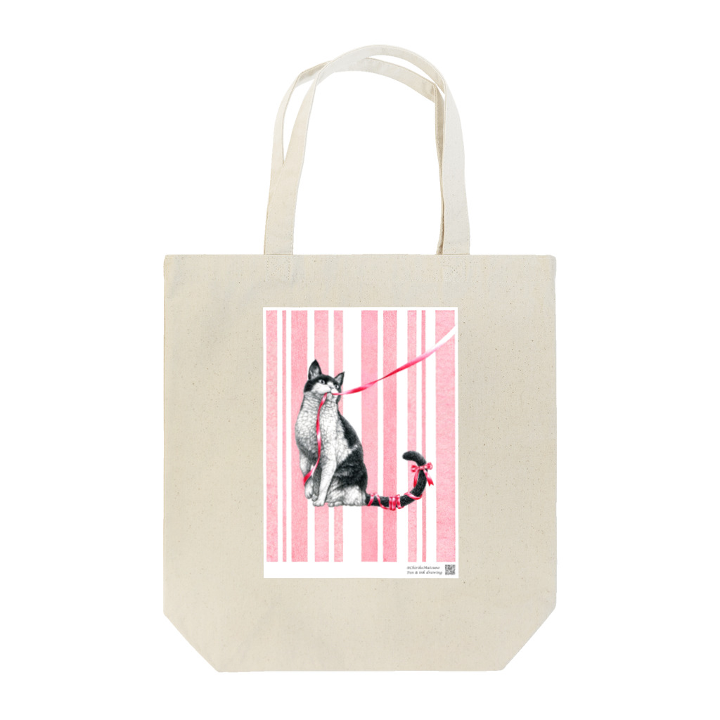 線描屋（ペン画）  ChirikoMatsuno のにゃんとストライプ（猫 ねこ ペン画） Tote Bag