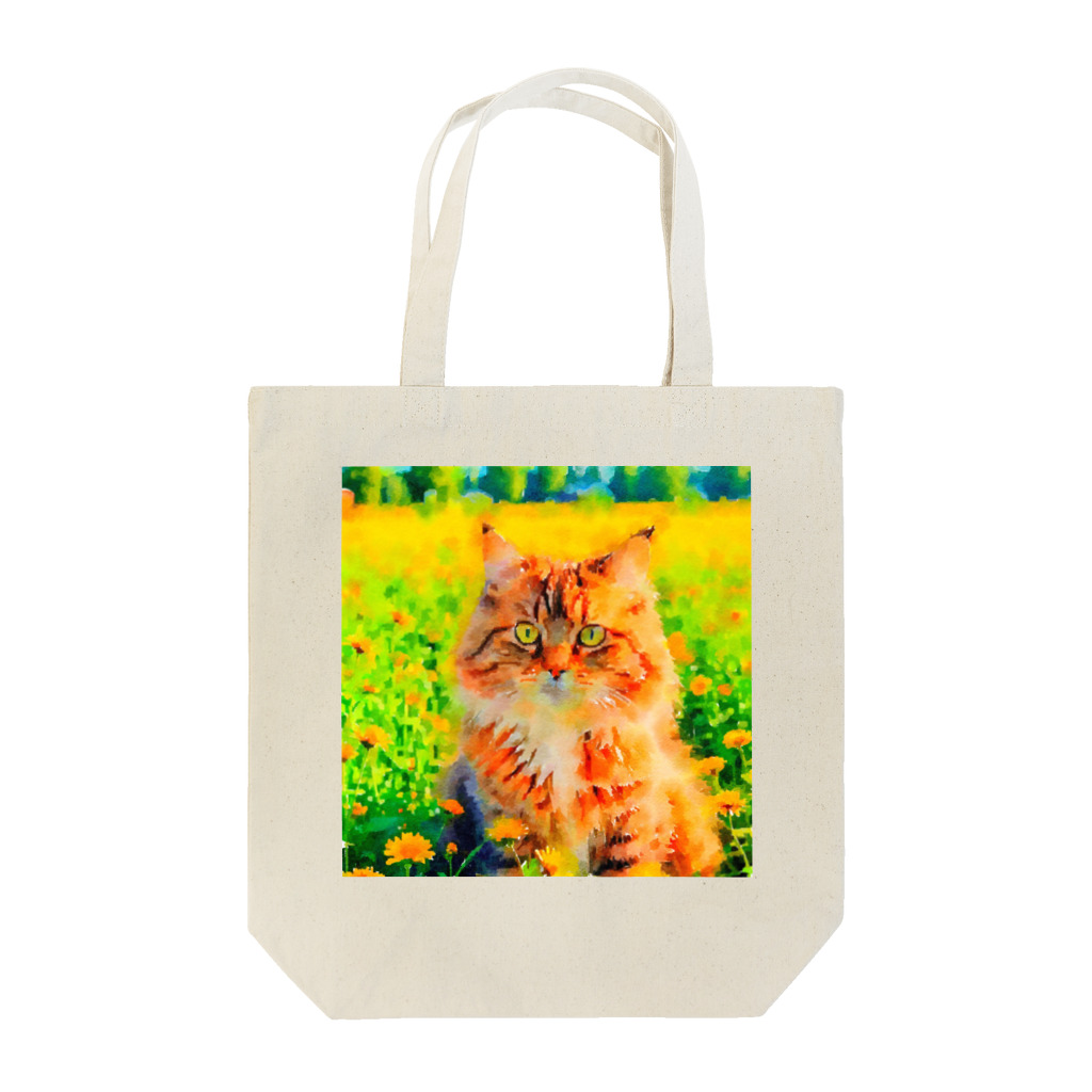 猫好きの谷の猫の水彩画/花畑のサイベリアンねこのイラスト/キジトラネコ トートバッグ