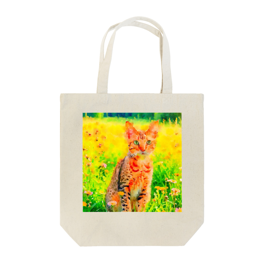 猫好きの谷の猫の水彩画/花畑のオシキャットねこのイラスト/キジトラネコ Tote Bag