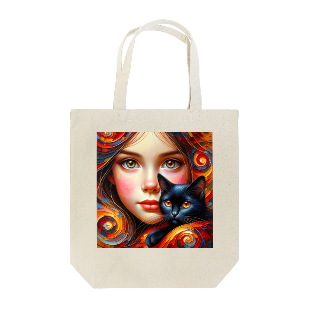 DeenaDeeのHarmonious Waltz: A Girl and Her Midnight Cat Tote Bag