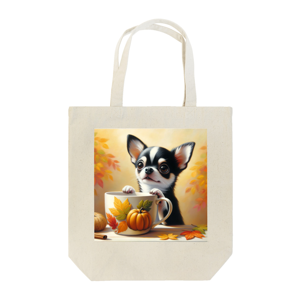 DeenaDeeのAutumn Curiosity: Chihuahua & Mug Magic 秋の好奇心: チワワとマグカップ トートバッグ