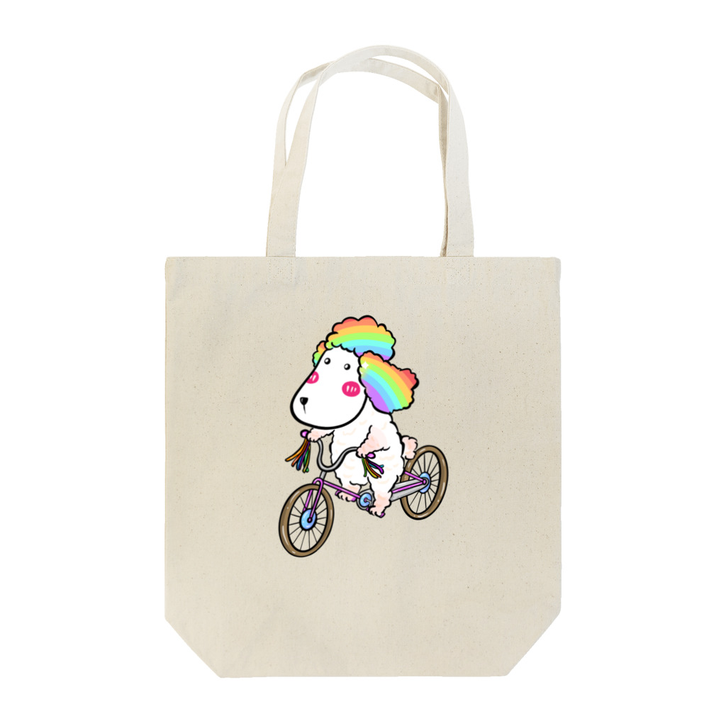 PoodleGag -  面白いプードルの自転車に乗ったレインボープードル犬 Tote Bag