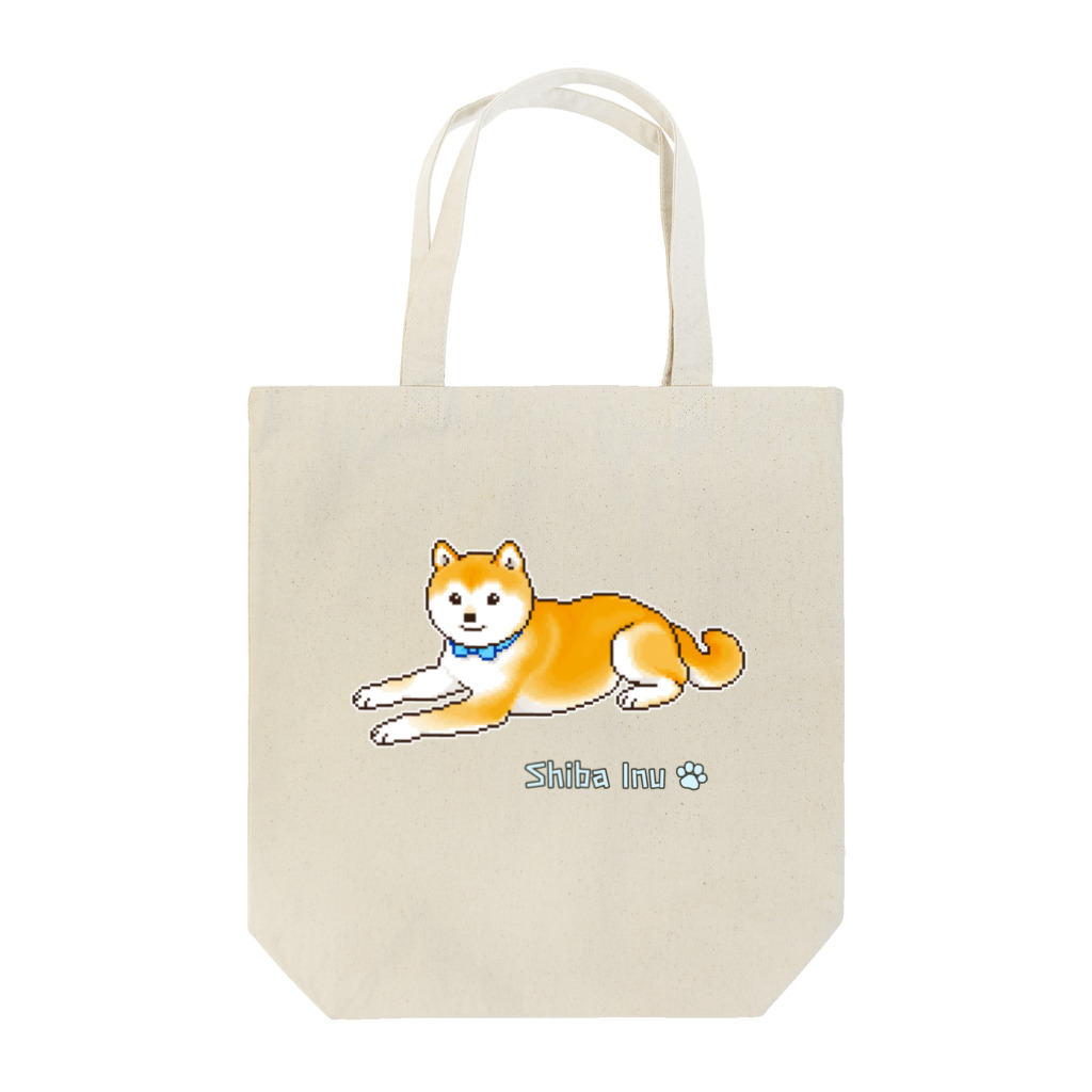 Shiba Inu Streetの水色の首輪をつけてゆったり座る柴犬のドット絵 Tote Bag