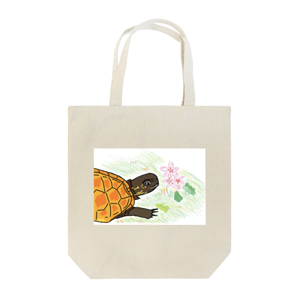 316(MIHIRO)のクサガメと花 Tote Bag