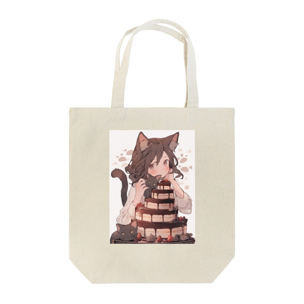 シロクマペンギンのネコちゃんとチョコレートケーキ Tote Bag