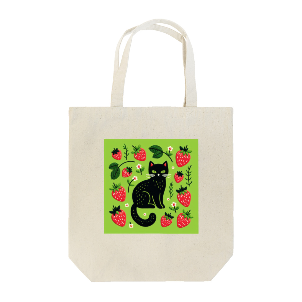 La-peaceの北欧風⑥刺繍柄の猫とイチゴ Tote Bag