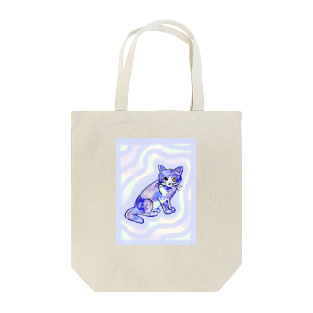 キイロイオハナのハチワレ猫　(水彩画:ブルー) トートバッグ