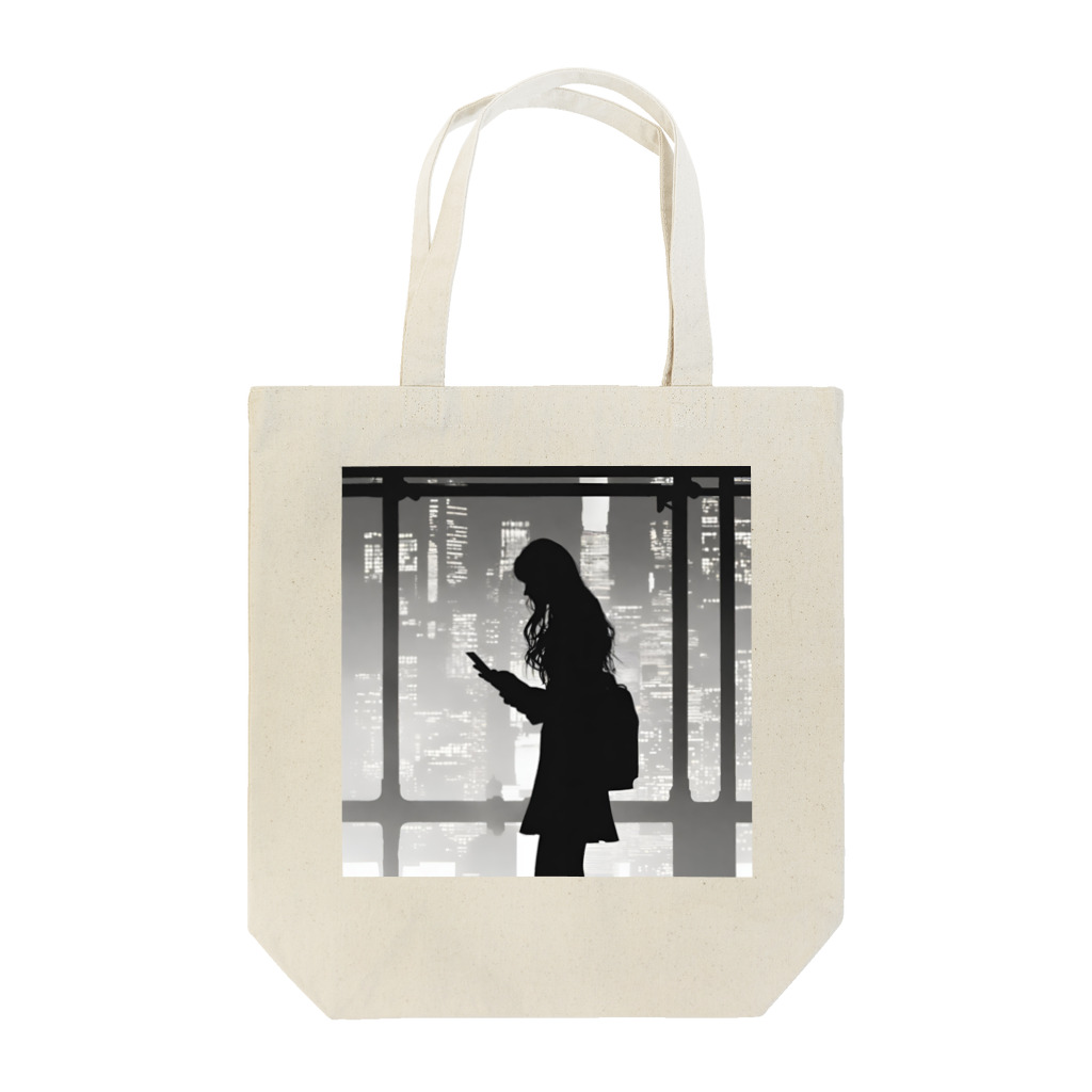 しるえっとのスマホを操作するエモーショナルな雰囲気の女性 Tote Bag