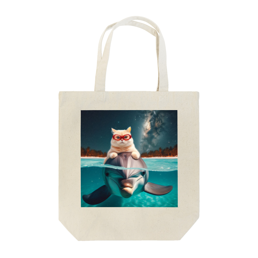 猫と紡ぐ物語のイルカと猫が海を共に泳ぐ異種間の絆が存在 Tote Bag