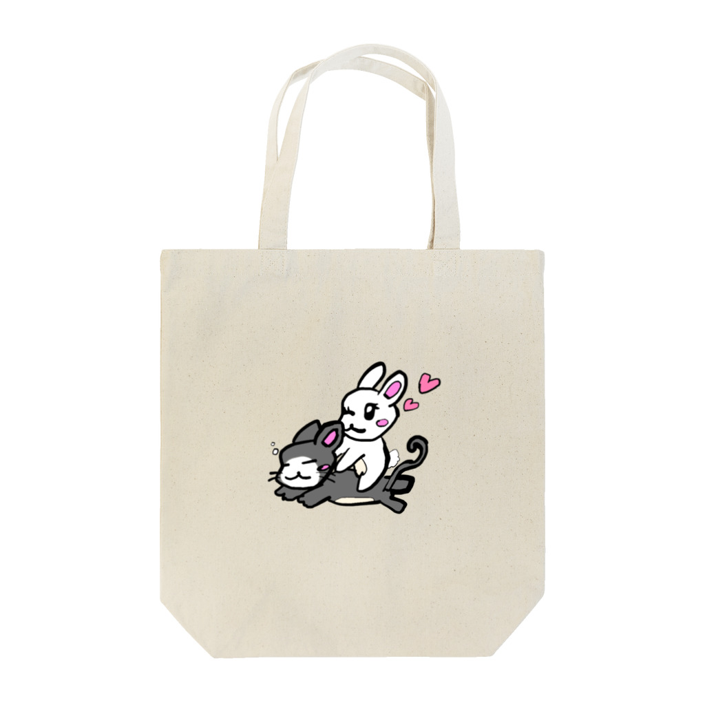 グレープオリジナルショップの猫の上に乗るウサギ Tote Bag