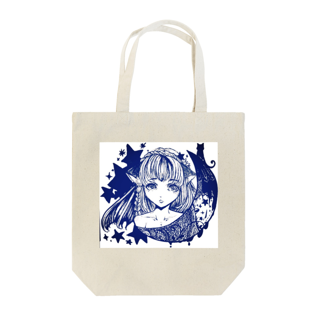 ぺちゃの ○。銀狐堂。○ の三日月猫娘 紺 Tote Bag