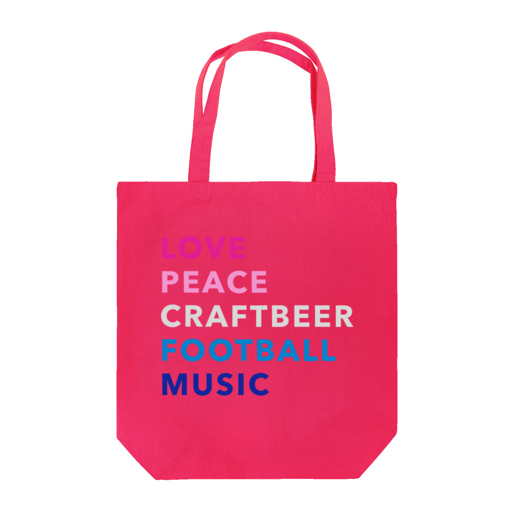 KAWAGOE GRAPHICSの愛と平和とビールとサッカーと音楽 トートバッグ