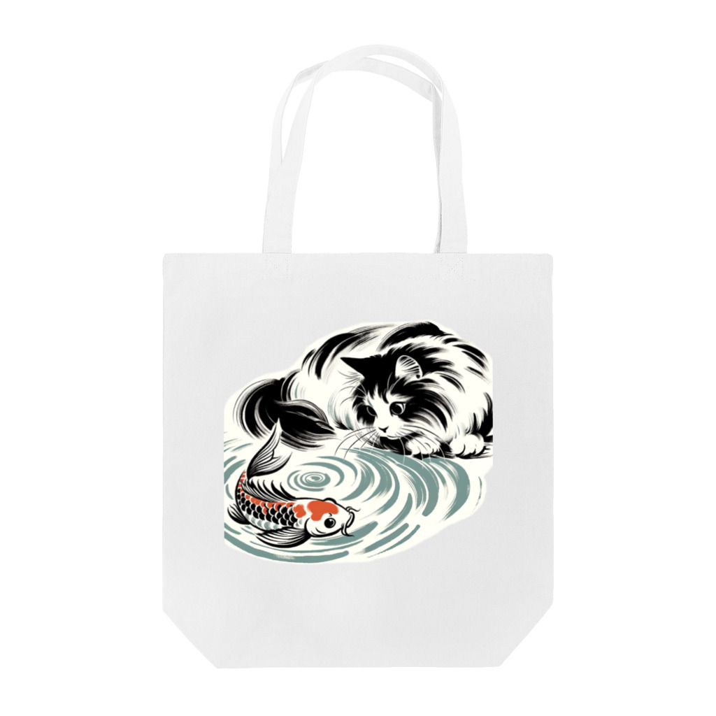 MakotOの猫と鯉（水墨画風） トートバッグ