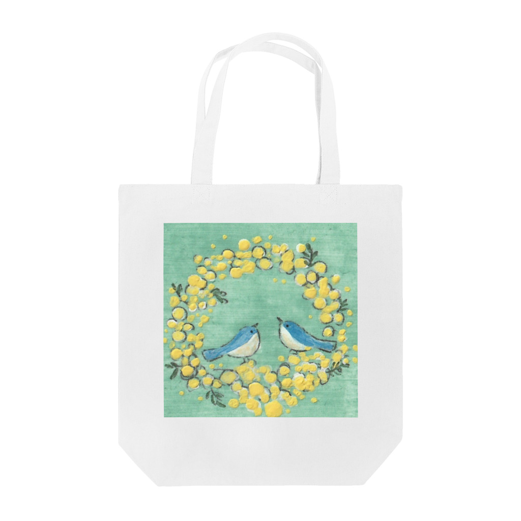 森の中の【日本画原画】ミモザのリースに集うしあわせの青い鳥 Tote Bag