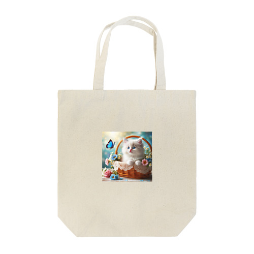 「青い蝶々を見つめる白猫」 Tote Bag