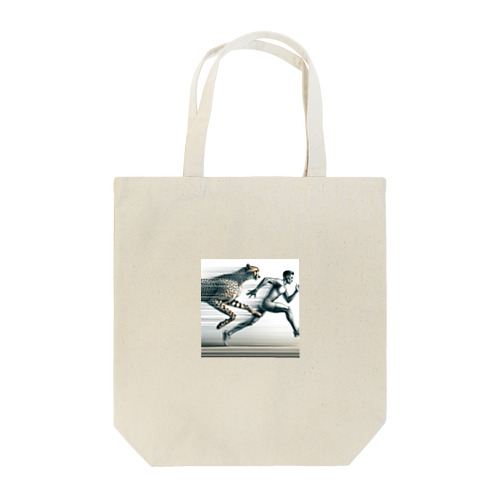 Speed Symbiosis: Man and Cheetah in Stride Tote Bag
