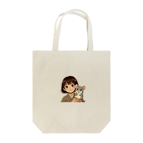 さくらと小さな子ネズミ - イラスト: さくらとタロウが一緒に微笑んでいる場面 Tote Bag