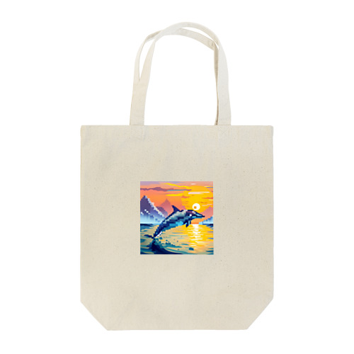 夕暮れの海で跳ねるイルカ　ピクセルアート Tote Bag