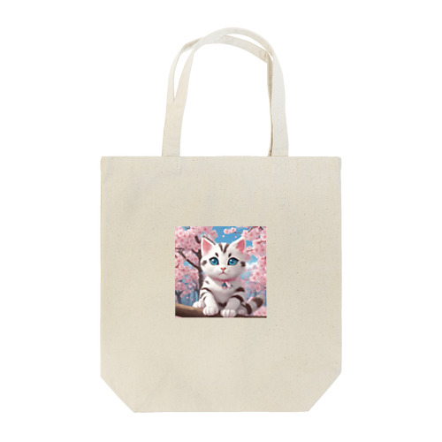 春と桜と虎縞白猫 トートバッグ