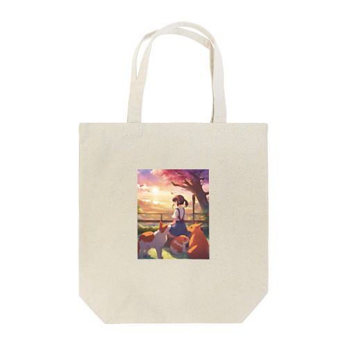 女の子と動物、眺める夕日 Tote Bag