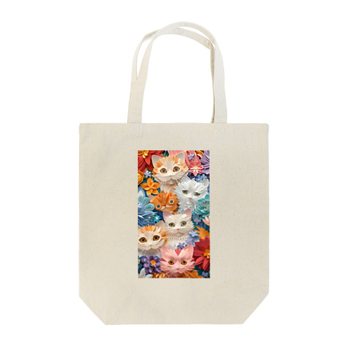 かわいい猫ちゃんたちが3Dの紙細工のように立体的に描かれたアート トートバッグ