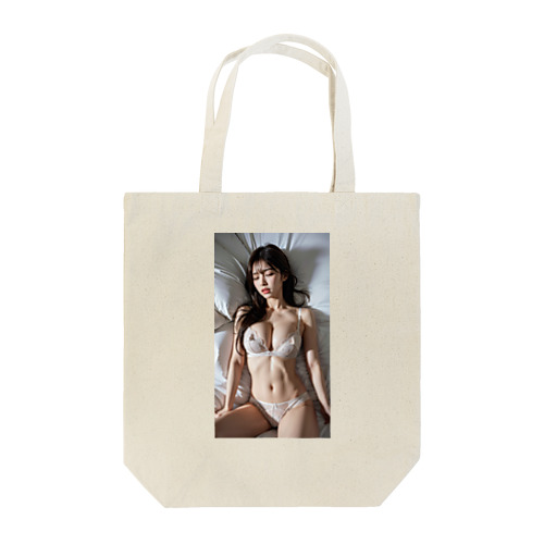 恍惚とした表情で目を閉じる、白い下着のAI美女 Tote Bag