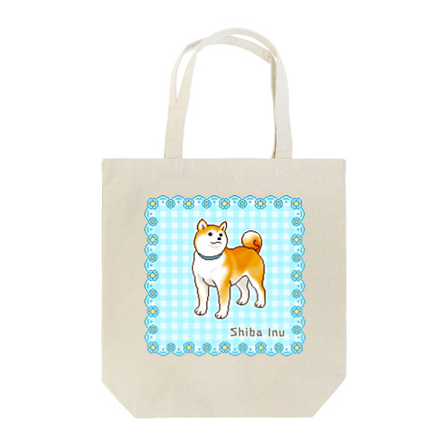 水色の花フレームに囲まれた柴犬のドット絵 Tote Bag