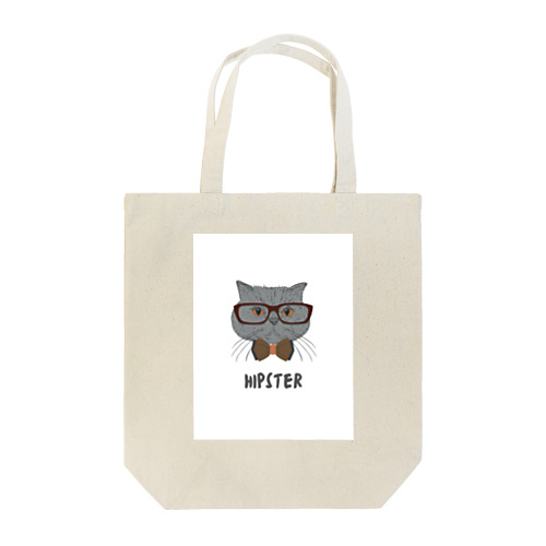 Grey Illustrated Cat Hipster T-Shirt Tote Bag