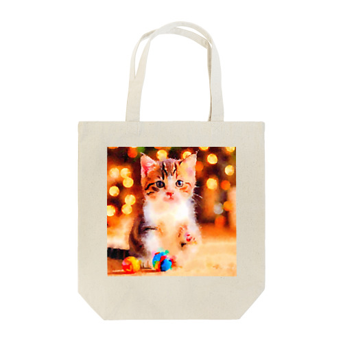 猫の水彩画/キジシロねこのイラスト/おもちゃで遊ぶキジ白ネコ Tote Bag