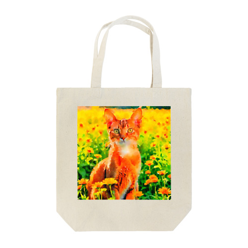 猫の水彩画/花畑のアビシニアンねこのイラスト/茶トラネコ Tote Bag