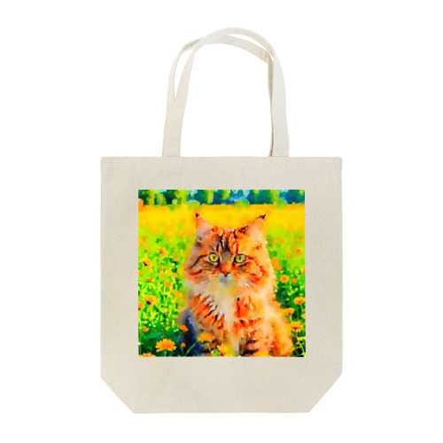 猫の水彩画/花畑のサイベリアンねこのイラスト/キジトラネコ トートバッグ