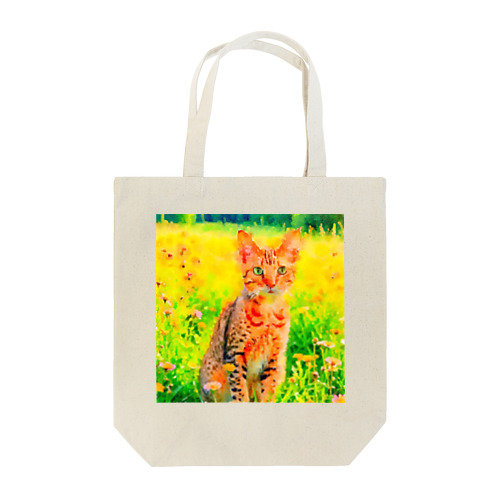 猫の水彩画/花畑のオシキャットねこのイラスト/キジトラネコ トートバッグ
