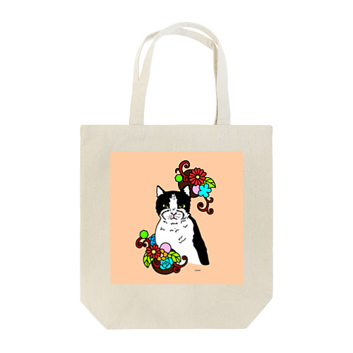 ハチワレ猫と花　カラフル トートバッグ